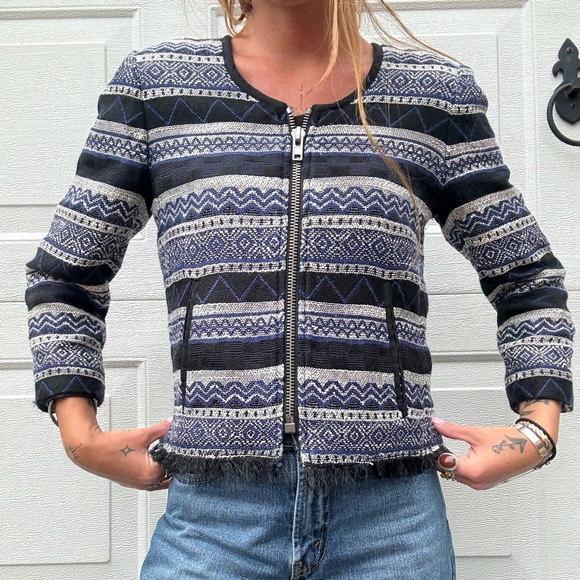 Navy Blue and White Aztec Patterned Jacket With Fringe - Picture 1 of 4